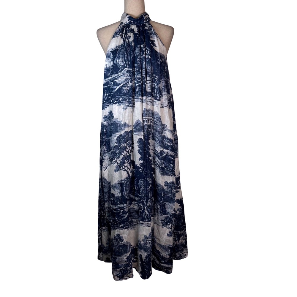 COS Toile Print Maxi Dress Womens 8 Blue White 100% Linen Halter Neck Resort